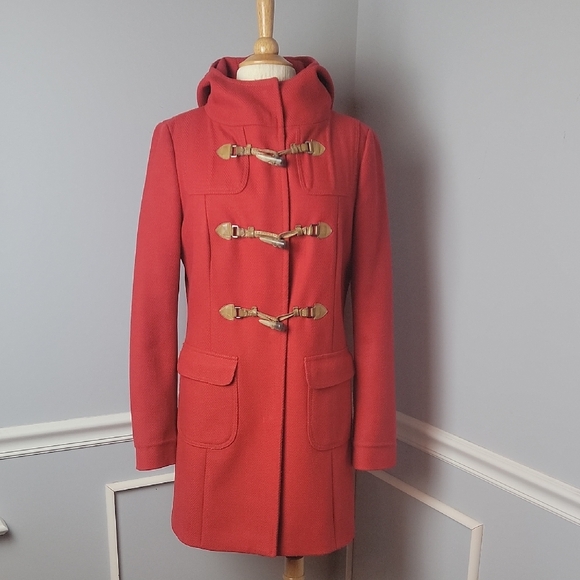 UNITED COLORS OF BENETTON Red Wool Blend Toggle Hooded Preppy Parka Pea Coat 44 - Picture 1 of 16